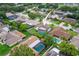 An aerial view highlights the home's screened-in pool and lush landscaping at 1632 Ridge Top Way, Clearwater, FL 33765