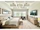 Spacious main bedroom featuring a tray ceiling, ceiling fan and large windows for natural light at 31889 Tortuga Shore Loop, Wesley Chapel, FL 33545