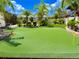 Backyard putting green features palm trees, nice landscaping, and blue skies at 31889 Tortuga Shore Loop, Wesley Chapel, FL 33545