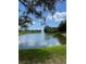 Scenic view of a pond with a fountain, surrounded by lush green grass and trees under a blue sky at 3665 Country Pointe Pl, Palm Harbor, FL 34684