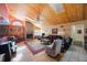 Inviting living room with a stone fireplace, wood ceilings and floors, and comfortable seating at 512 Crystal Grove Blvd, Lutz, FL 33548