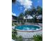 Circular community pool surrounded by a paved deck, landscaping, and multistory building at 8636 Tahoe Ct # 13, Tampa, FL 33614