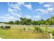 Well-maintained backyard with lush green lawn, garden beds, and a charming white fence at 9514 Channing Hill Dr, Sun City Center, FL 33573