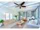 Relaxing living room featuring a beamed ceiling, ceiling fan, neutral paint, streaming natural light, and comfortable seating at 2201 Horan S Way, Gulfport, FL 33707