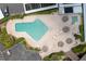 Aerial view of the arrow-shaped community pool with surrounding lounge chairs, umbrellas, and tropical landscaping at 3200 Cove Cay Dr # 5F, Clearwater, FL 33760