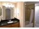 This bathroom offers a granite countertop and shower and tub combination at 11408 Scribner Station Ln, Lithia, FL 33547