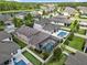 Community featuring lush landscaping, serene lake, and multiple backyard pools at 11881 Ranchers Gap Dr, Odessa, FL 33556