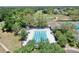 A stunning aerial view of a community pool with mature trees and a tennis court nearby at 3506 Cordgrass Dr, Valrico, FL 33596