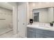 Modern bathroom featuring a stylish blue vanity, decorative mirror, and luxurious tiled walk-in shower at 384 Boca Ciega Point Blvd, St Petersburg, FL 33708