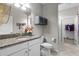Bright bathroom featuring a granite countertop, single sink vanity, and a view into the walk-in closet at 4465 Tubular Run, Land O Lakes, FL 34638