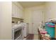 Laundry room features modern washer, dryer, white cabinets, and plenty of counter space for folding laundry at 6351 Desert Peace Ave, Land O Lakes, FL 34639