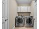 Efficient laundry room with front-loading washer and dryer and white cabinets above at 8332 Swiss Chard Cir, Land O Lakes, FL 34637