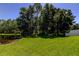 Expansive backyard features lush green lawn and a tranquil pond surrounded by mature trees at 14427 Pepperpine Dr, Tampa, FL 33626