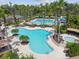 Aerial view of a community pool featuring a unique lagoon shape, separate pools, and seating areas at 2544 Rosehaven Dr, Wesley Chapel, FL 33544