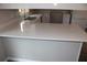 Close up of kitchen quartz countertop with double sink and breakfast bar seating at 38668 Ferm Cir, Zephyrhills, FL 33540