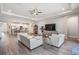 Open-concept living room and kitchen with modern decor, wood floors, and stainless steel appliances at 6879 Talamore Dr, Wesley Chapel, FL 33545