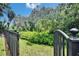 Backyard view showing a black metal fence with lush green trees and plants beyond at 8704 Winsome Way, Land O Lakes, FL 34637