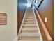 Carpeted staircase with stained wood handrail and freshly painted accent wall at 8704 Winsome Way, Land O Lakes, FL 34637