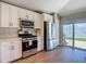 This kitchen has stainless steel appliances and a door to outside at 8717 Persea Ct, Trinity, FL 34655