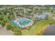 Aerial view of a resort-style community pool with a lake in the background at 10830 Verawood Dr, Riverview, FL 33579
