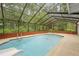 Outdoor pool enclosed with screen, ladder, and slide surrounded by greenery at 11159 Cindy Dr, Brooksville, FL 34601