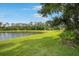 Expansive backyard view featuring a lush green lawn and tranquil pond at 13821 Moonstone Canyon Dr, Riverview, FL 33579