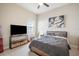 Bedroom featuring a ceiling fan, modern design, TV, and comfortable bed at 13821 Moonstone Canyon Dr, Riverview, FL 33579