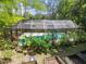 Backyard aerial shot, pool, and vegetation. The screened pool adds to a private sanctuary at 1402 E Mimosa Dr, Plant City, FL 33563