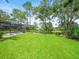 An expansive backyard featuring lush green grass, mature trees and landscaping, and serene water views at 4118 Carrollwood Village Dr, Tampa, FL 33618