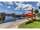 Community dock featuring a kayak rack and canal access with clear blue skies and fluffy white clouds at 5722 Biscayne Ct # 107, New Port Richey, FL 34652