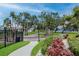 Scenic community path lined with lush landscaping, palm trees and a glimpse of the tennis court at 6513 Sand Shore Ln, New Port Richey, FL 34652