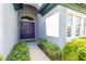 Charming home entrance with a decorative door, complemented by green shrubs and a walkway at 6817 Ebb Tide Ave, Apollo Beach, FL 33572