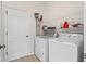 Functional laundry room features modern washer and dryer, with overhead shelving at 11144 Paradise Point Way, New Port Richey, FL 34654