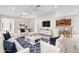 Staged living area with stylish furnishings, including sofas and a view into the kitchen at 11144 Paradise Point Way, New Port Richey, FL 34654