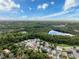 Stunning aerial view of a residential community surrounded by lush green forests and a serene lake under a bright, cloudy sky at 12200 Hunters Lake Dr, New Port Richey, FL 34654
