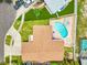 Aerial view of a home showcasing the backyard pool, patio area, manicured lawn, and mature landscaping at 12476 81St Ct, Seminole, FL 33772