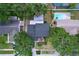 An aerial view shows the backyard which features mature landscaping, a private pool, and shaded entertaining areas at 4030 Braesgate Ln, Tampa, FL 33624