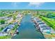 Aerial view of neighborhood on a canal with lush landscaping and boat docks at 5253 Boardwalk St, Holiday, FL 34690