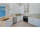 Modern kitchen with white cabinets, stainless steel appliances, and a stylish breakfast bar at 5253 Boardwalk St, Holiday, FL 34690