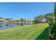 Backyard view of pond surrounded by green grass, landscaping, and nearby homes on a sunny day at 717 Manchester Woods Dr # 717, Sun City Center, FL 33573