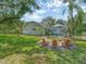 Beautiful backyard with a fire pit, inground pool, and screen enclosure at 8711 Crescent Forest Blvd, New Port Richey, FL 34654