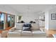 Open-concept living room with a comfortable sofa, view of the kitchen, and sliding door to outdoor area at 20060 Gulf Blvd, Indian Shores, FL 33785