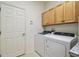 Laundry room with front load washer/dryer and adjacent storage at 11125 Shelter Cove Loop, New Port Richey, FL 34654