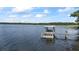 Beautiful lake view featuring a covered boat dock extending into the calm waters, with peaceful trees at 2850 Doone Cir, Palm Harbor, FL 34684