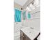 Bright bathroom featuring a white sink, dark cabinets, and stylish blue shower curtain at 3129 W Villa Rosa St, Tampa, FL 33611