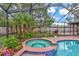 Outdoor hot tub with lush landscaping within the screened enclosed pool area at 3923 Hudson Ln, Tampa, FL 33618