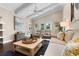 Cozy living room with high ceilings, ceiling fan, neutral color palette, and access to the outdoors at 58 Aster St, Clearwater Beach, FL 33767