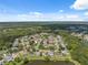 Picturesque aerial view of a community with lush trees, serene waters, and charming homes at 12038 Steppingstone Blvd, Tampa, FL 33635