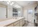 Large primary bathroom featuring a long vanity with a large mirror and a door to the lanai at 12038 Steppingstone Blvd, Tampa, FL 33635