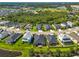 Aerial view of homes near a pond surrounded by tropical landscapes at 4906 Los Robles Ct, Palmetto, FL 34221